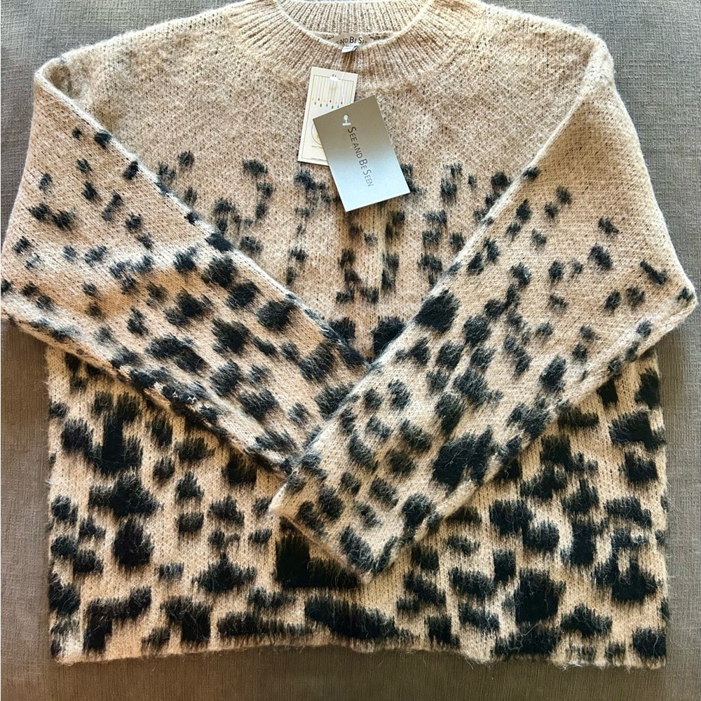 Cream and Black Crew Neck Sweater with Animal Print